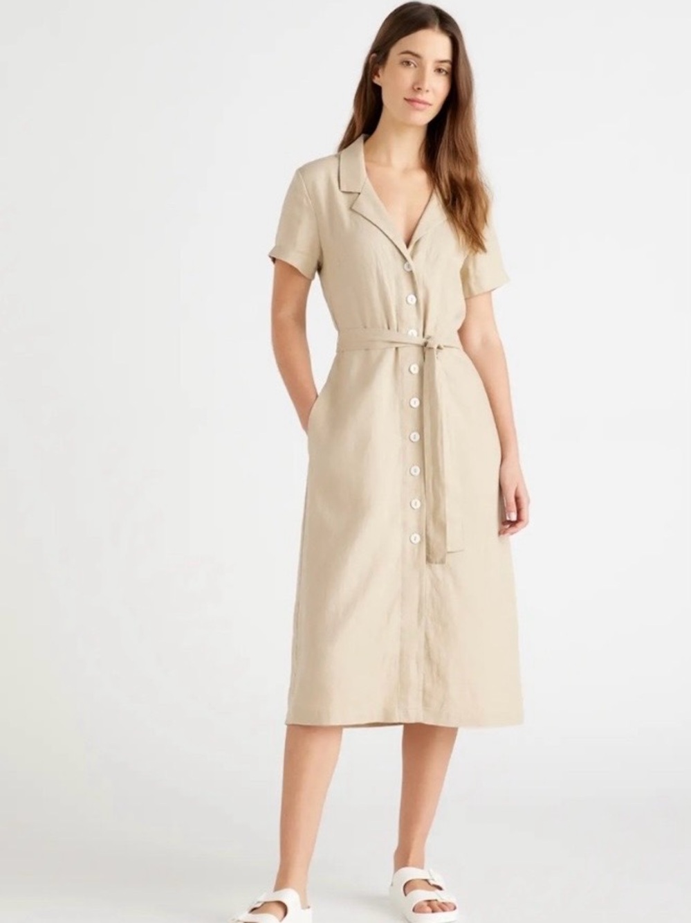 Quince Beige Button-Front Short-Sleeve Midi Dress